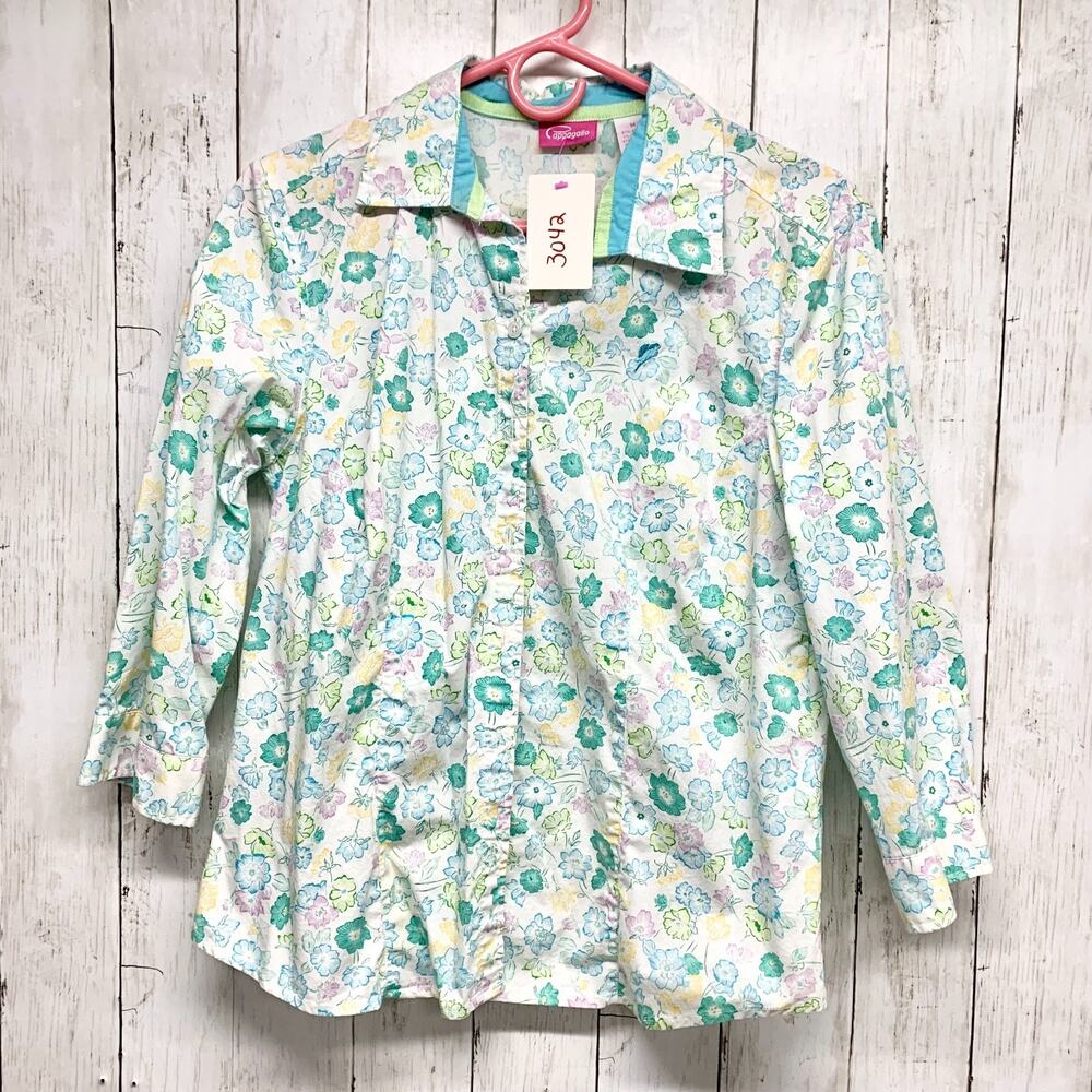 Vintage Cappagallo Shirt Women Sz Medium Floral Collared Button Down 3/4 Sleeve‎